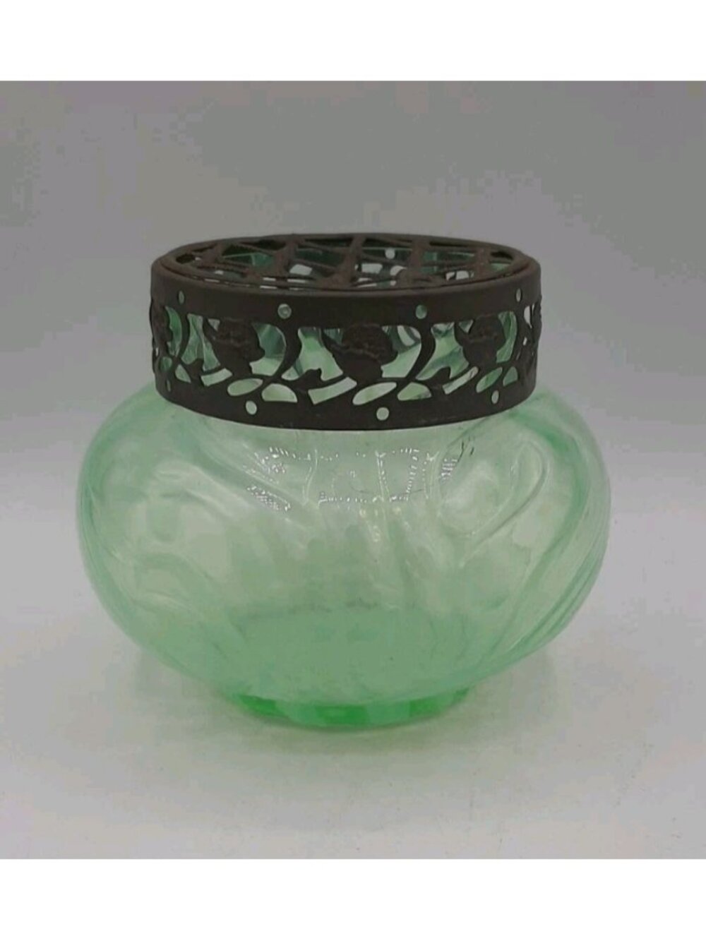 Vintage Rare Uranium Glass Green Flower Vase Potpourri Jar Metal Floral Frog